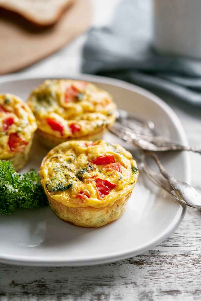 Golden-yellow egg muffins topped with fresh parsley, served on a white plate with fresh broccoli and a fork.