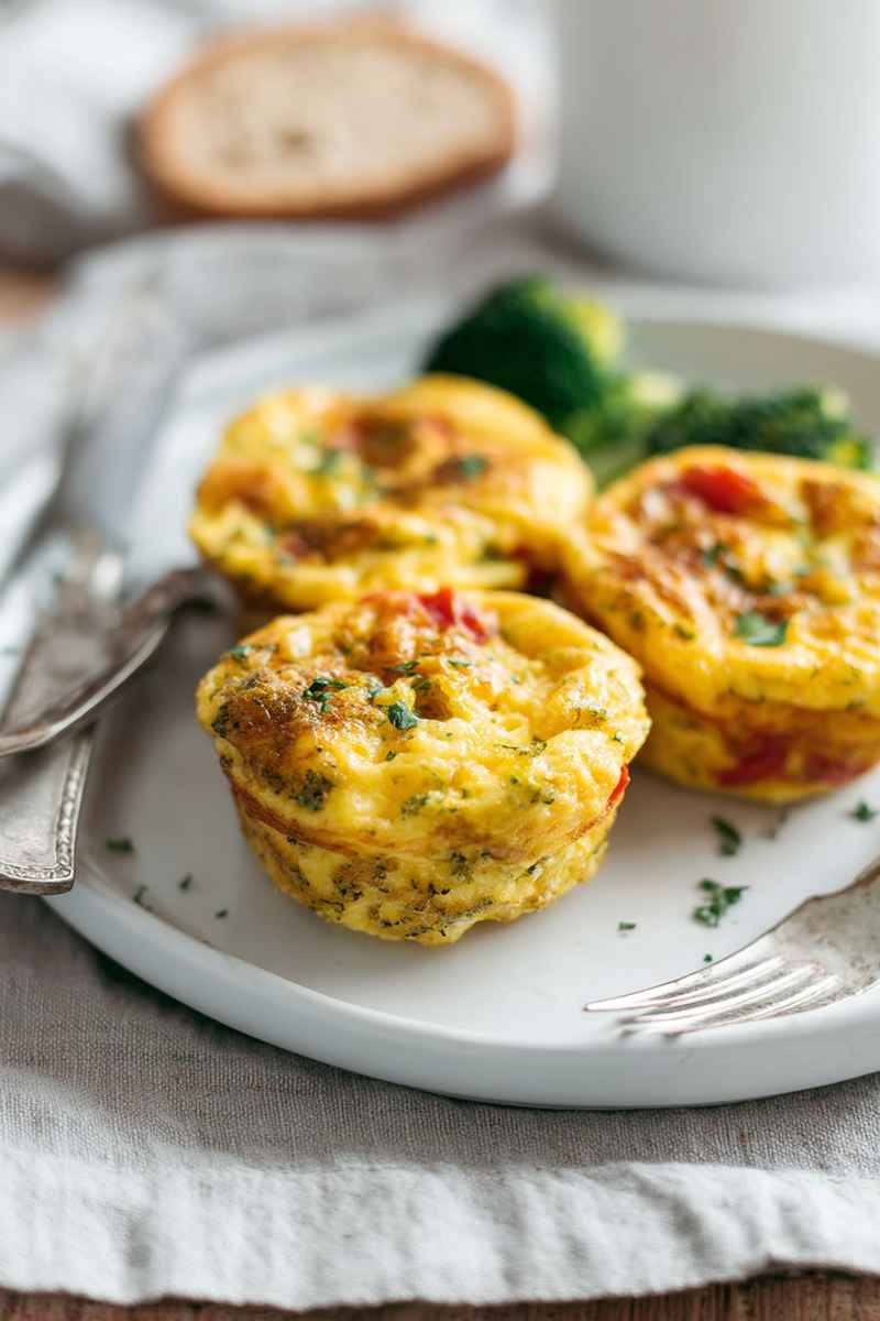 Golden-yellow egg muffins with visible vegetables, served on a white plate with fresh parsley.