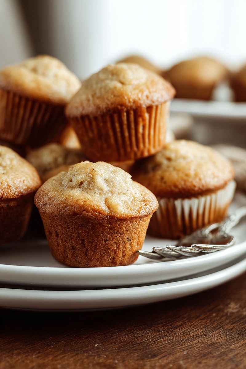 Collection of light golden-brown mini banana muffins with powdered sugar on a white plate, rustic wood.