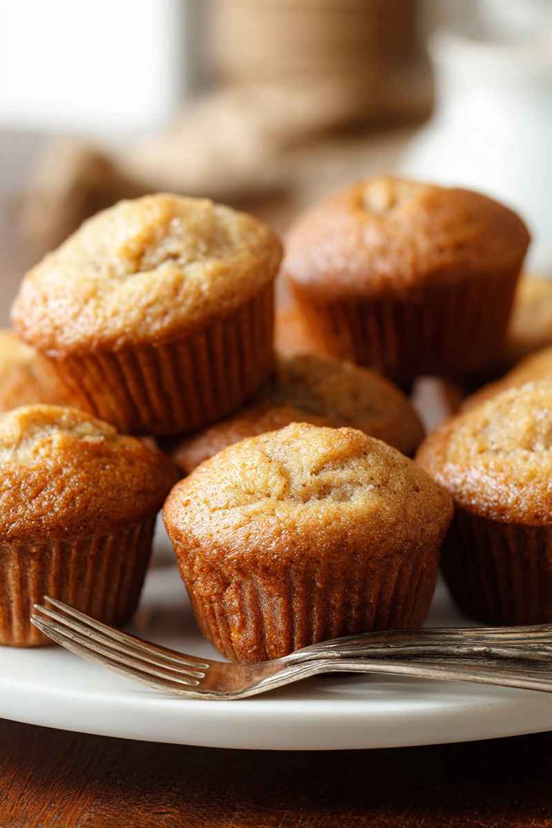Stack of golden-brown mini banana muffins dusted with sugar on a white plate, with forks.