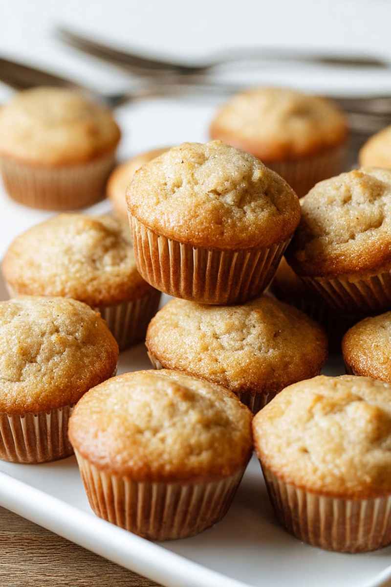 Pile of classic light golden-brown mini banana muffins on a white plate, simple and unadorned.