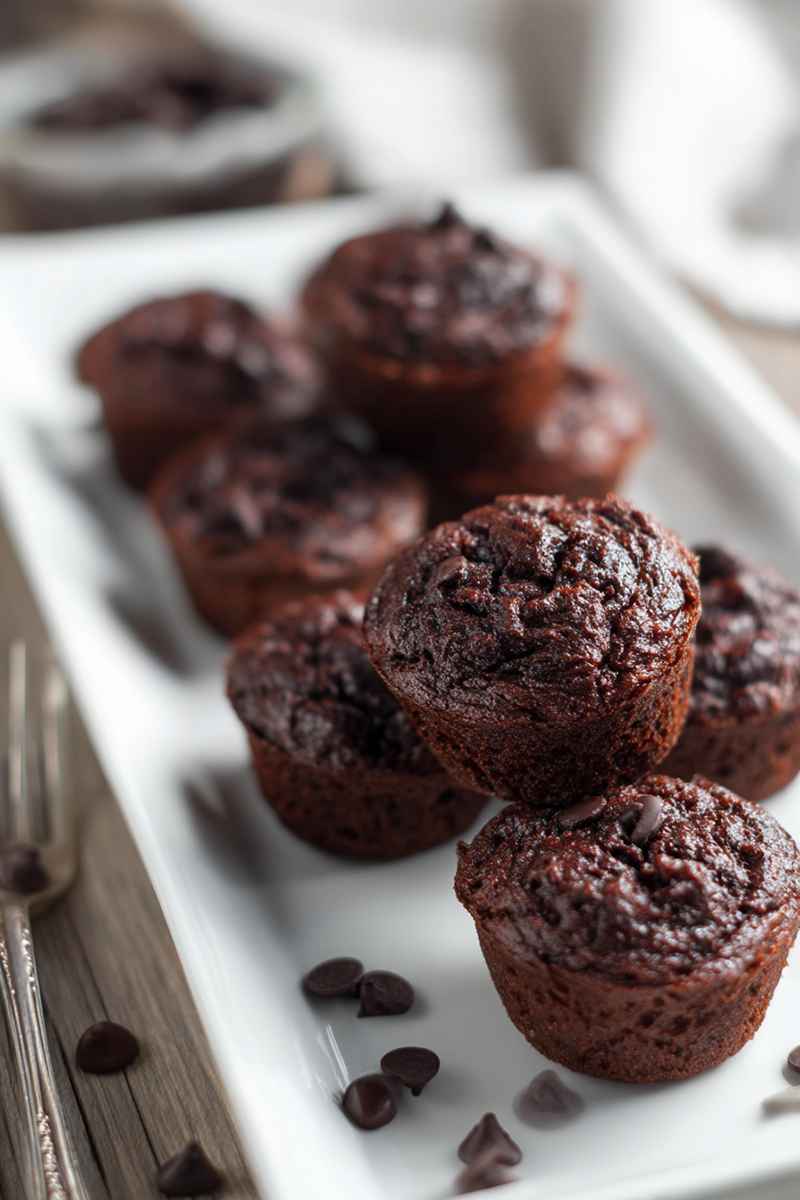 A plate of rich chocolate muffins with visible chocolate chips, served on a white plate with scattered chips around.