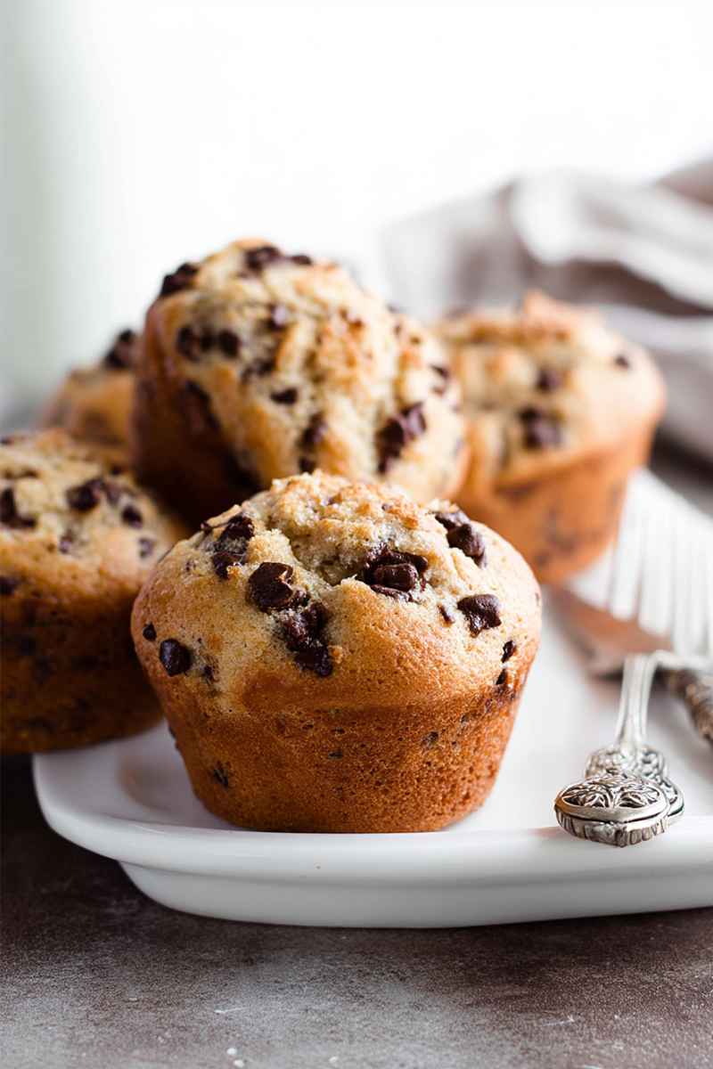 Tall, golden-brown Chocolate Chip Muffins on a white plate, showcasing their moist texture and scattered chocolate chips.