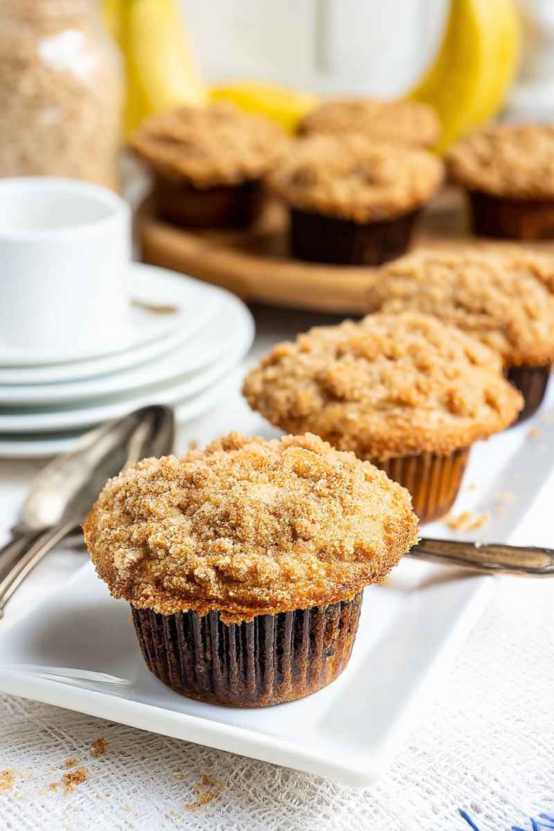 A single banana crumb muffin on a white plate, surrounded by stacked plates and a blue napkin.