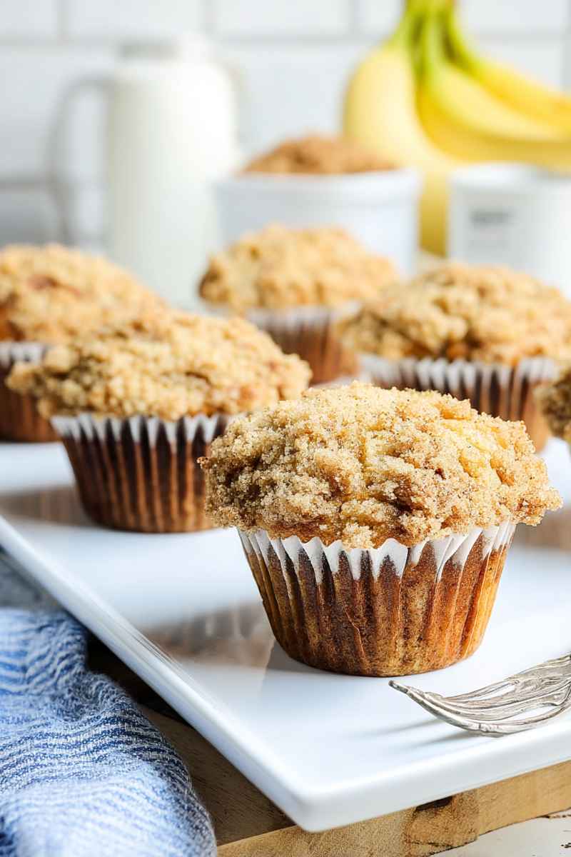 A tray of banana crumb muffins with a thick layer of crumb topping, set on a white plate with bananas and sugar in the background.