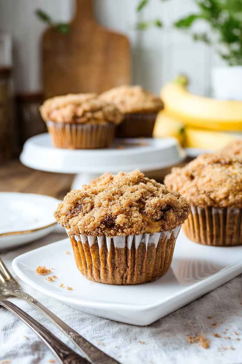 A banana crumb muffin on a white plate, with more muffins and bananas in the background, alongside a green plant.