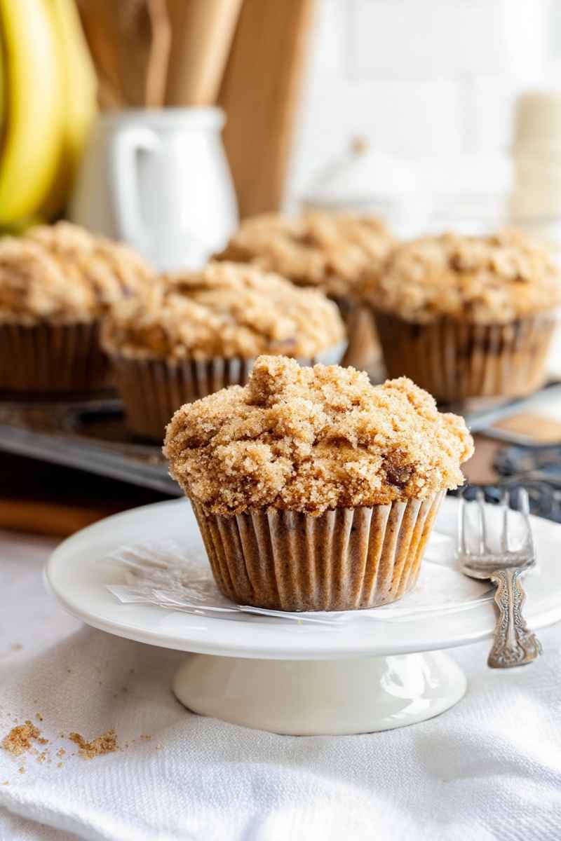 Golden-brown banana crumb muffins with a crunchy topping, served on a white plate with a rustic wooden backdrop.