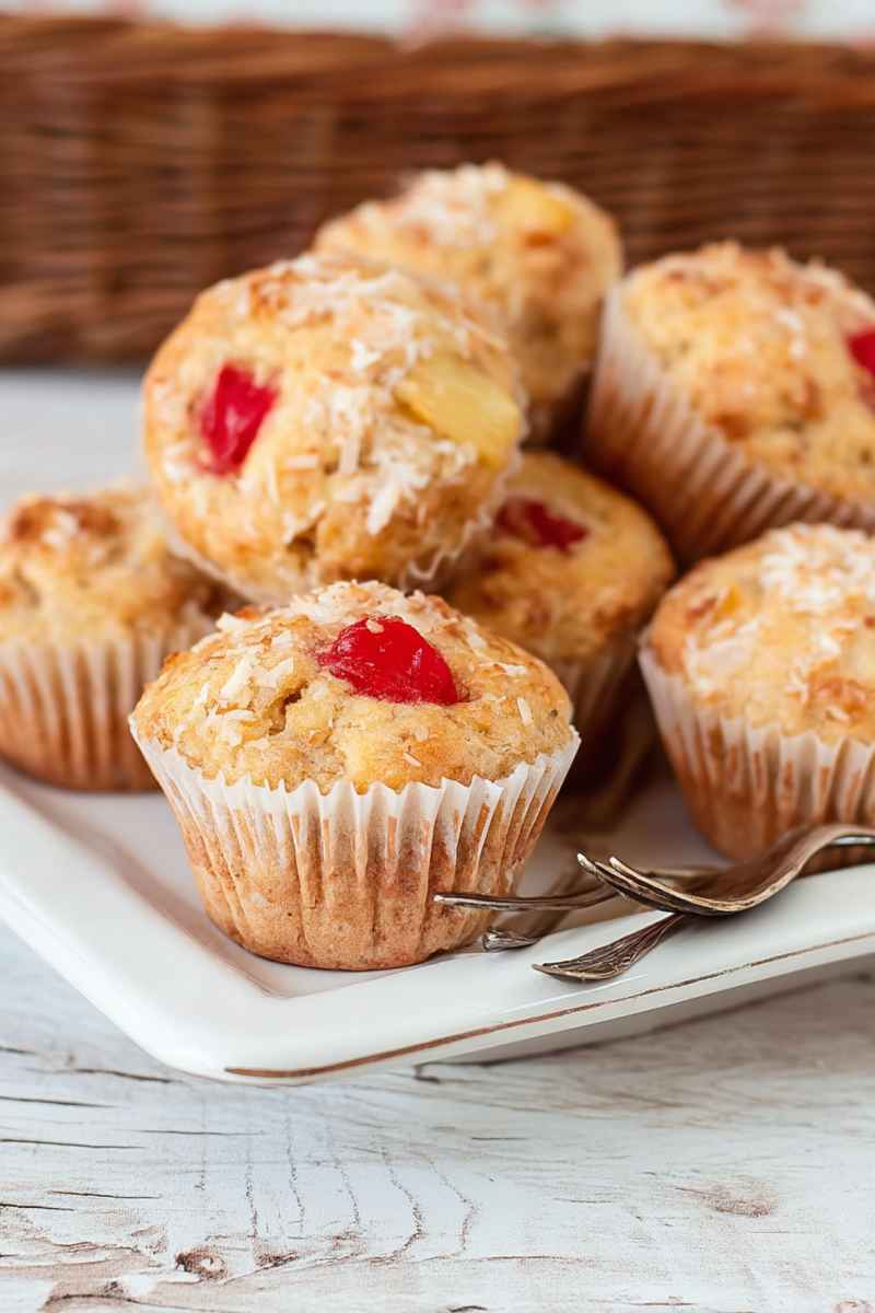 A stack of golden-brown banana pineapple muffins topped with shredded coconut and maraschino cherries, served on a white plate.