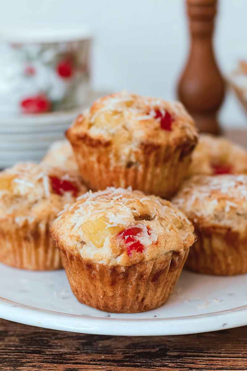 Golden muffins with a tropical twist, featuring coconut shreds and cherry toppings, arranged on a white plate.