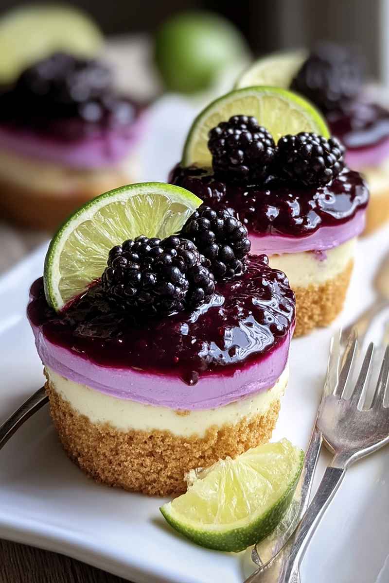 A close-up of a Blackberry Lime Cheesecake Cupcake with lime filling, blackberry sauce, and fresh garnishes.