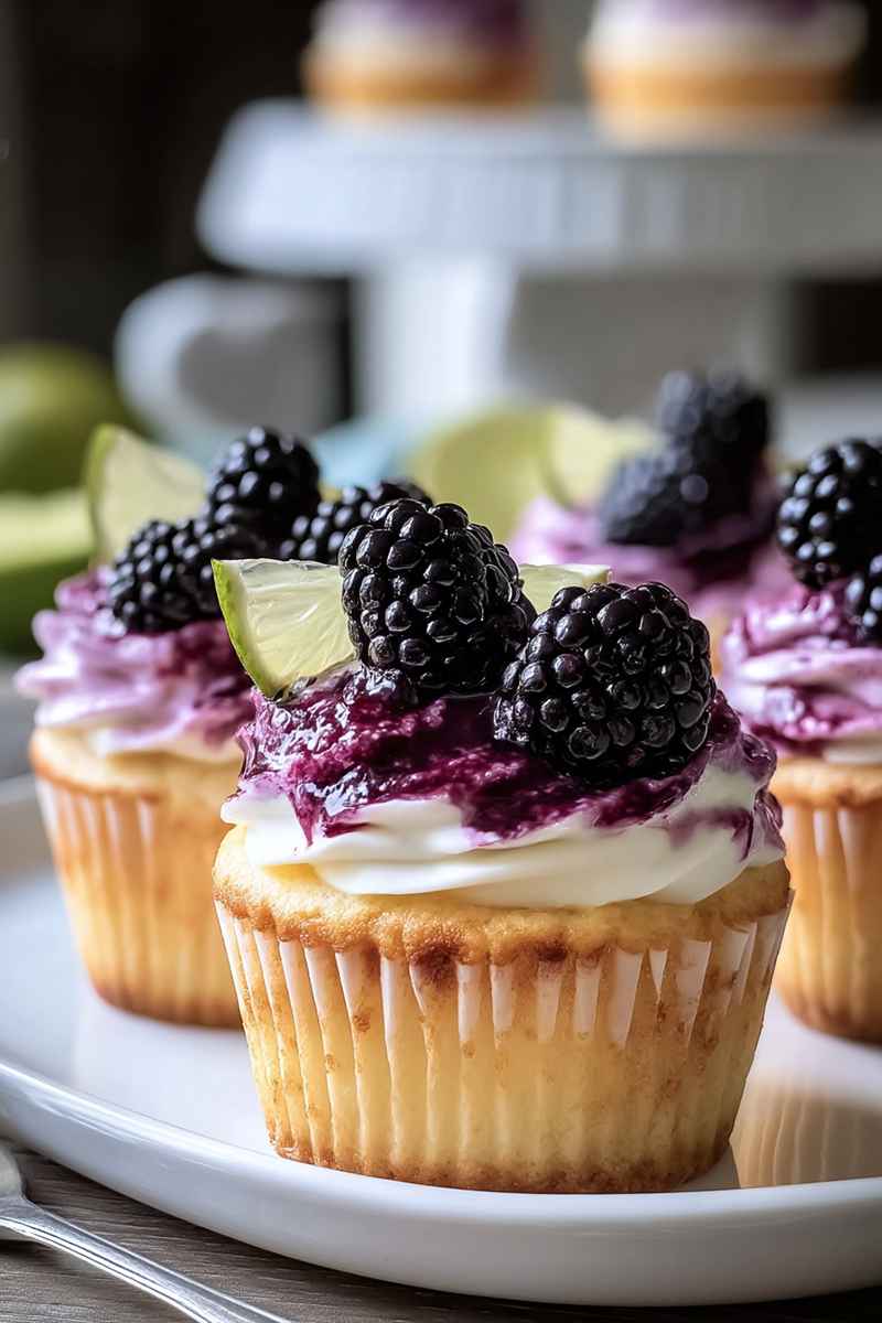 Moist vanilla cupcakes topped with lime cream cheese filling, blackberry sauce, fresh blackberries, and a lime wedge.
