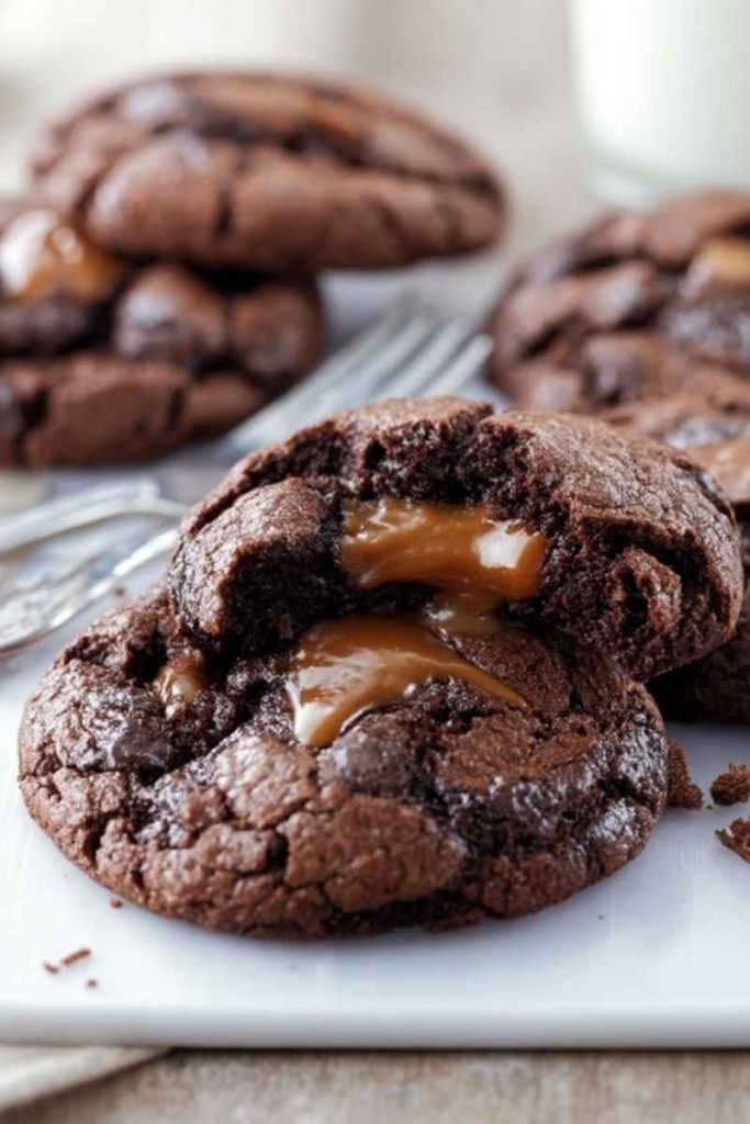 A close-up of a Chocolate Caramel Cookie broken in half, revealing the gooey caramel filling.