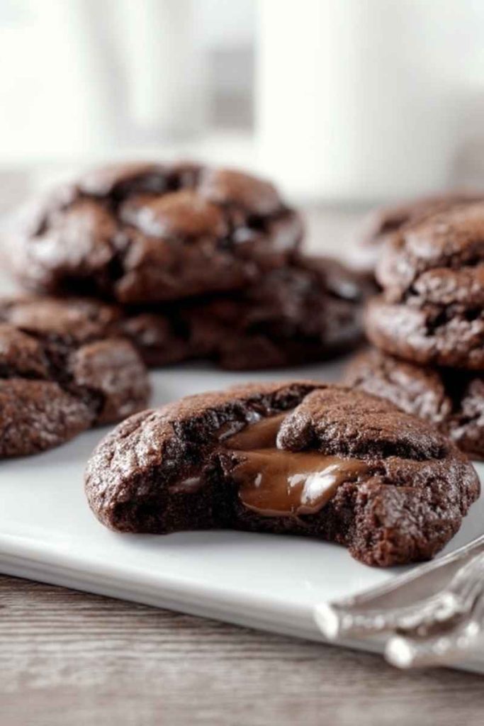 A plate of Chocolate Caramel Cookies with one cookie broken in half, revealing the gooey caramel filling.