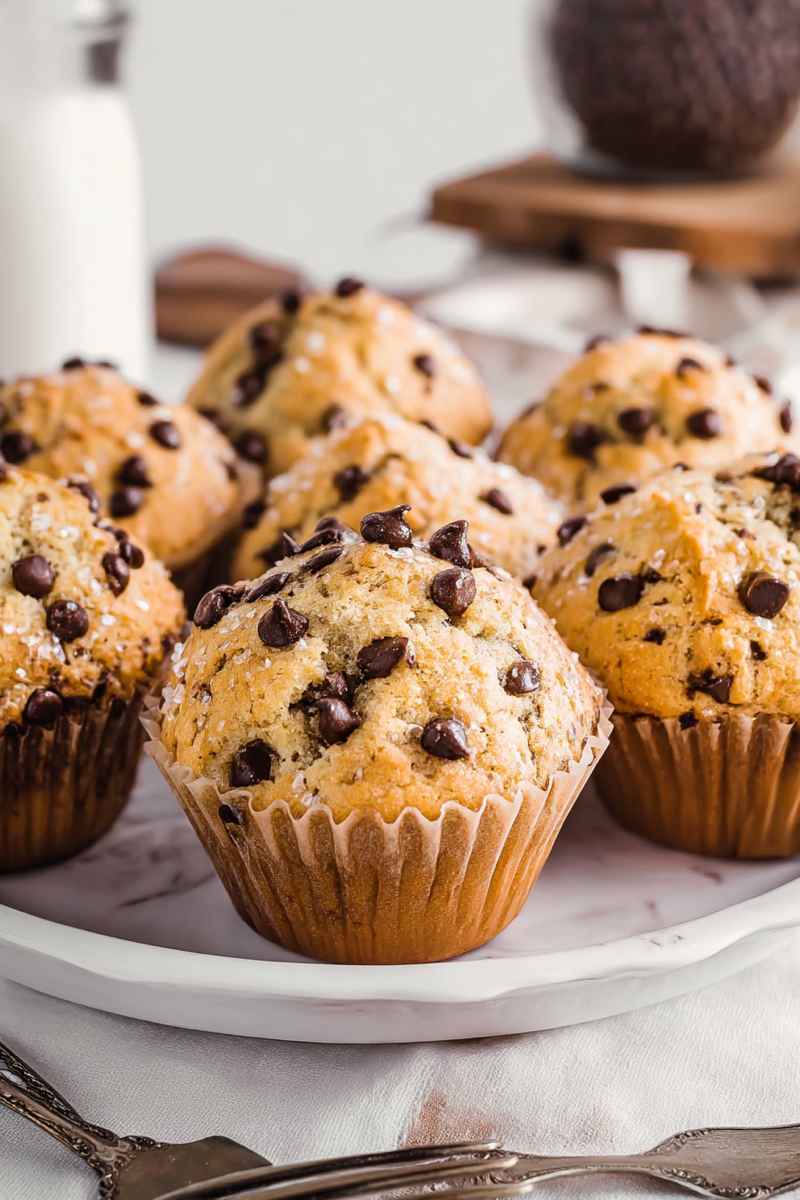 Uniform chocolate chip muffins with mini chocolate chips, served on a white plate.