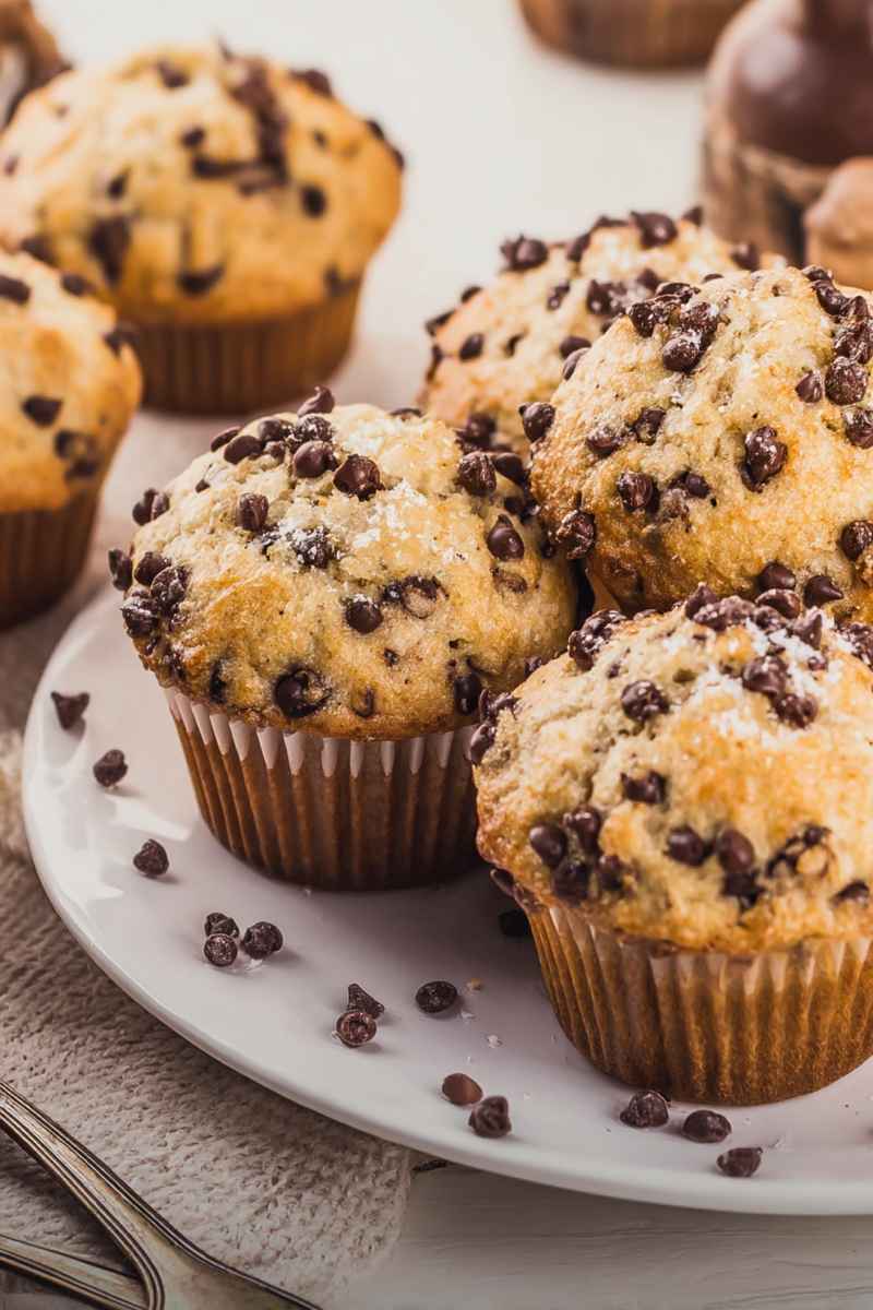 Golden-brown chocolate chip muffins topped with mini chocolate chips, served on a white plate.