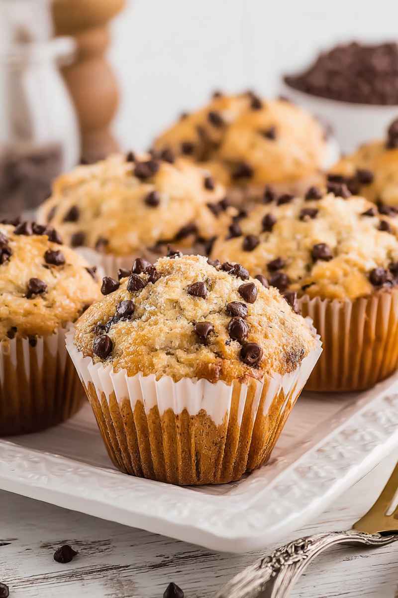 Cluster of golden chocolate chip muffins with coarse sugar topping, served on a decorative white plate.