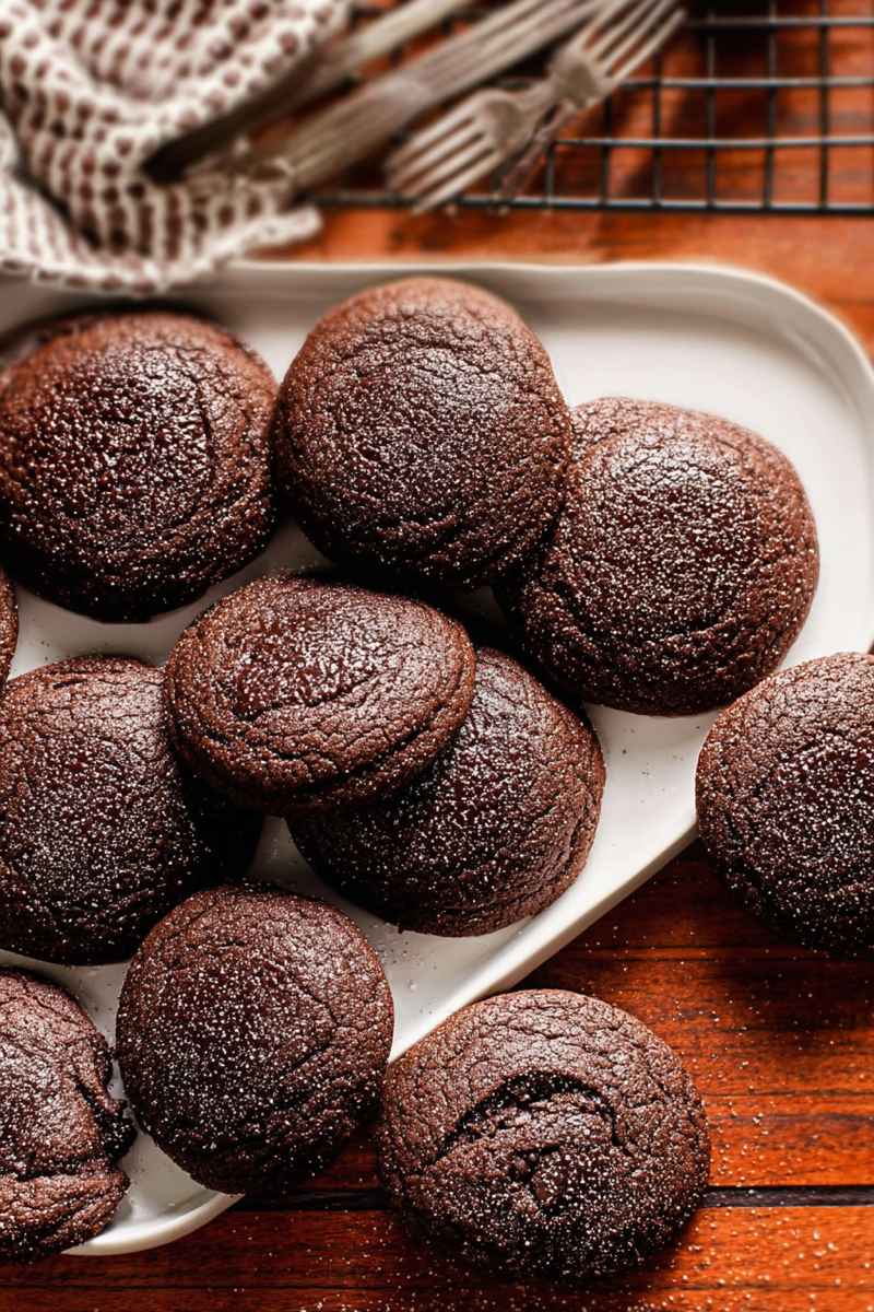 A plate of Chocolate Lava Cookies with a rich, dark chocolate exterior, some dusted with powdered sugar.