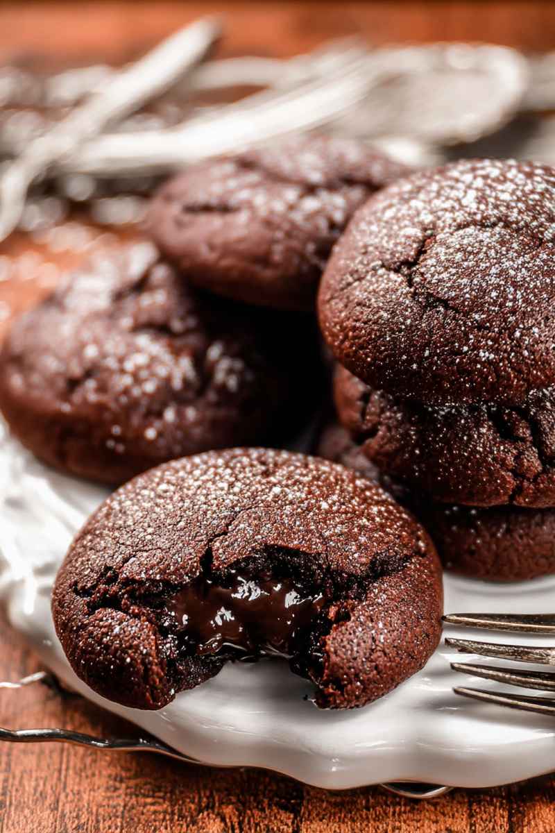 A Chocolate Lava Cookie with a bite taken out, revealing the gooey molten chocolate filling inside.