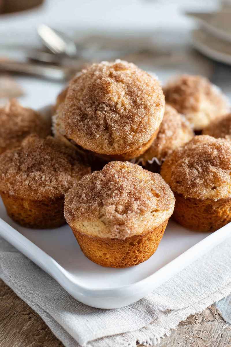 Cinnamon Muffins with cinnamon sugar topping, served on a white plate.