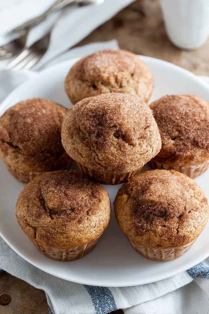 A stack of Cinnamon Muffins dusted with cinnamon sugar, presented on a white plate.