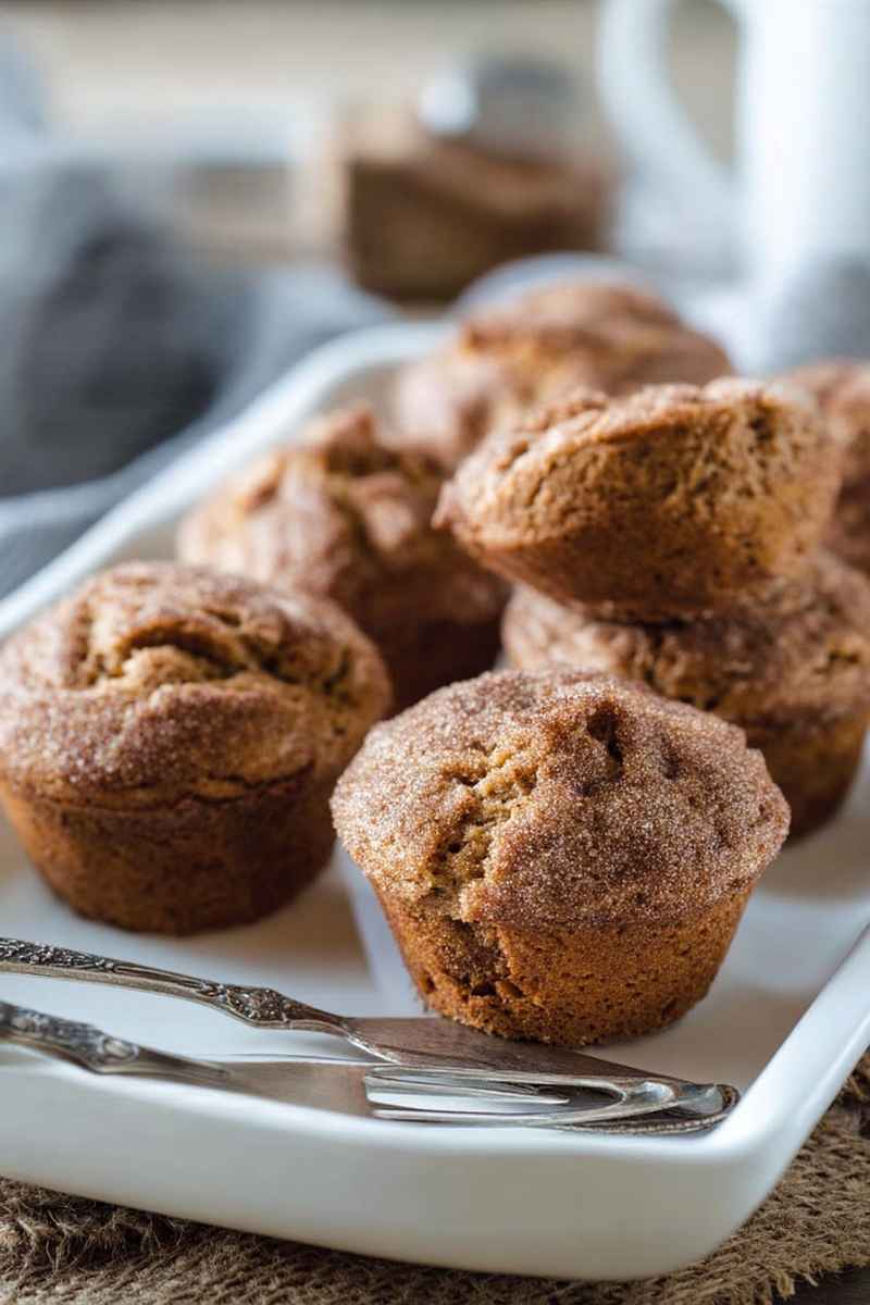 Cinnamon Muffins with cinnamon sugar topping, served on a white tray with forks.