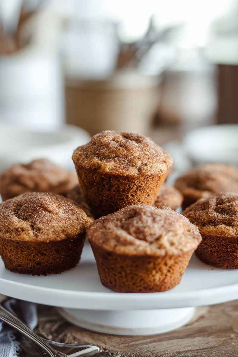 Cinnamon Muffins with cinnamon sugar topping, displayed on a white cake stand.