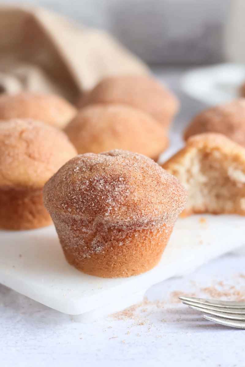 A row of golden Cinnamon Sugar Doughnut Muffins dusted with cinnamon sugar, ready to be enjoyed.