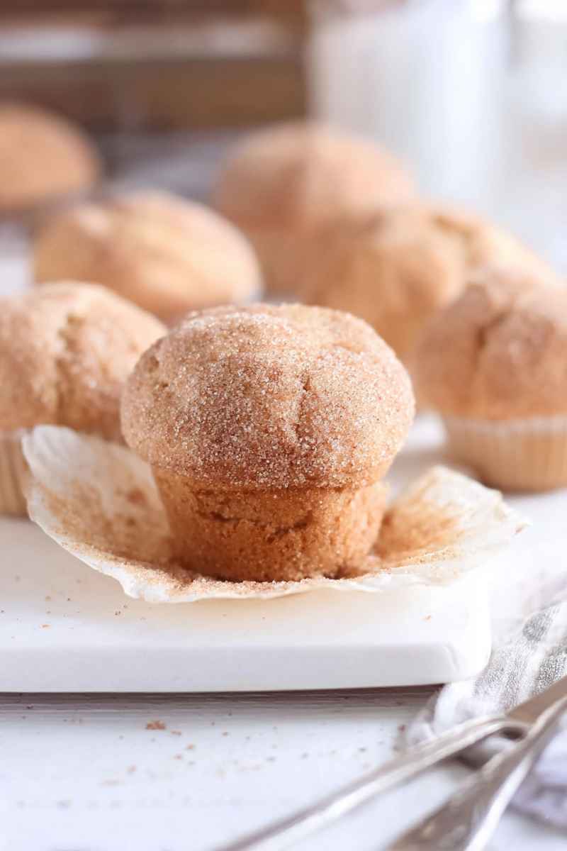 A golden-brown Cinnamon Sugar Doughnut Muffin dusted with cinnamon sugar, showcasing its soft, moist interior.