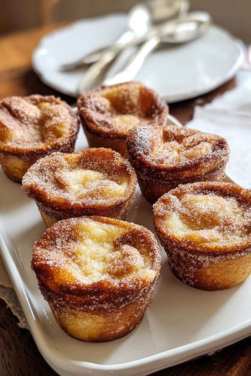 Golden French toast muffins with a cinnamon sugar coating, served on a white plate.