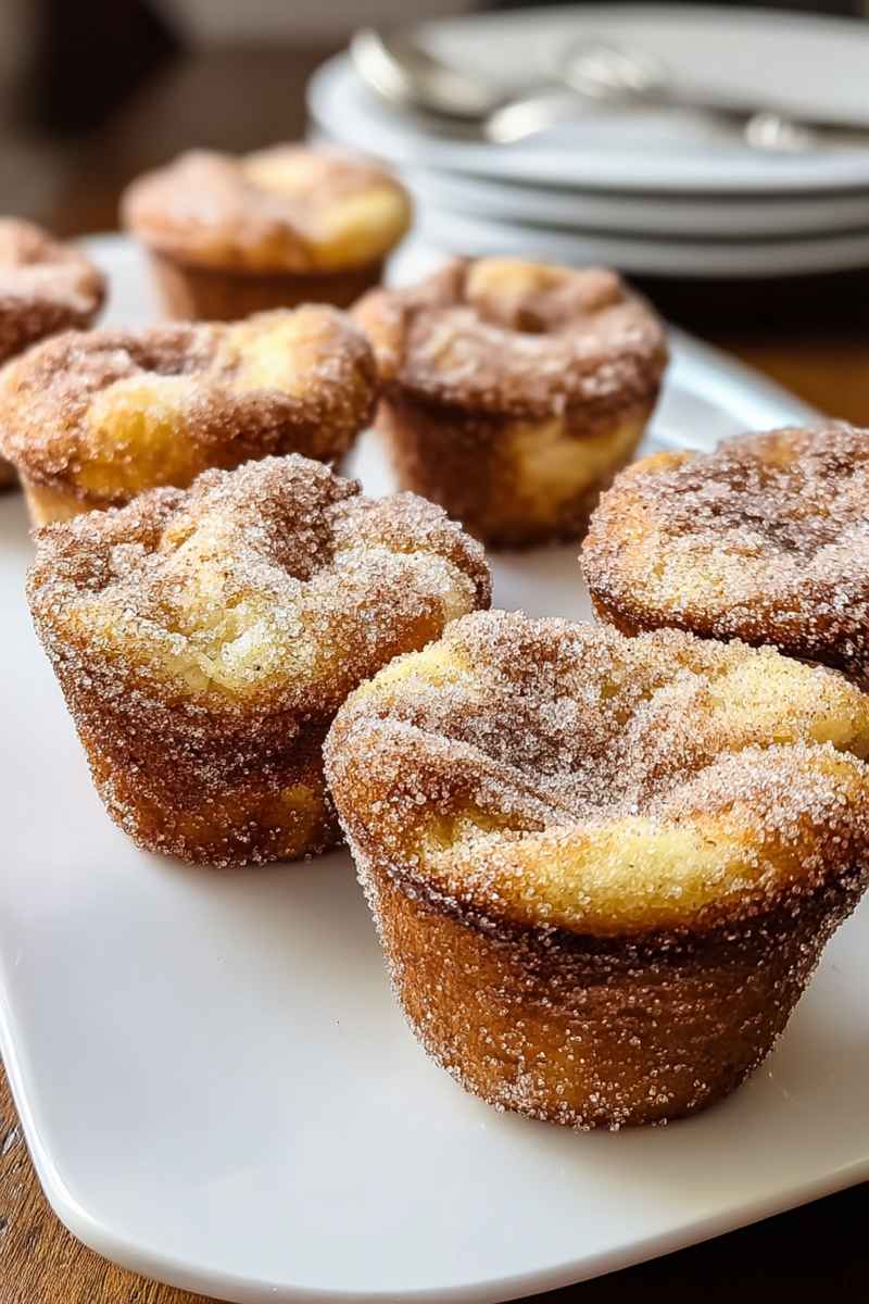 Uniform French toast muffins with a cinnamon sugar coating, served on a white plate.