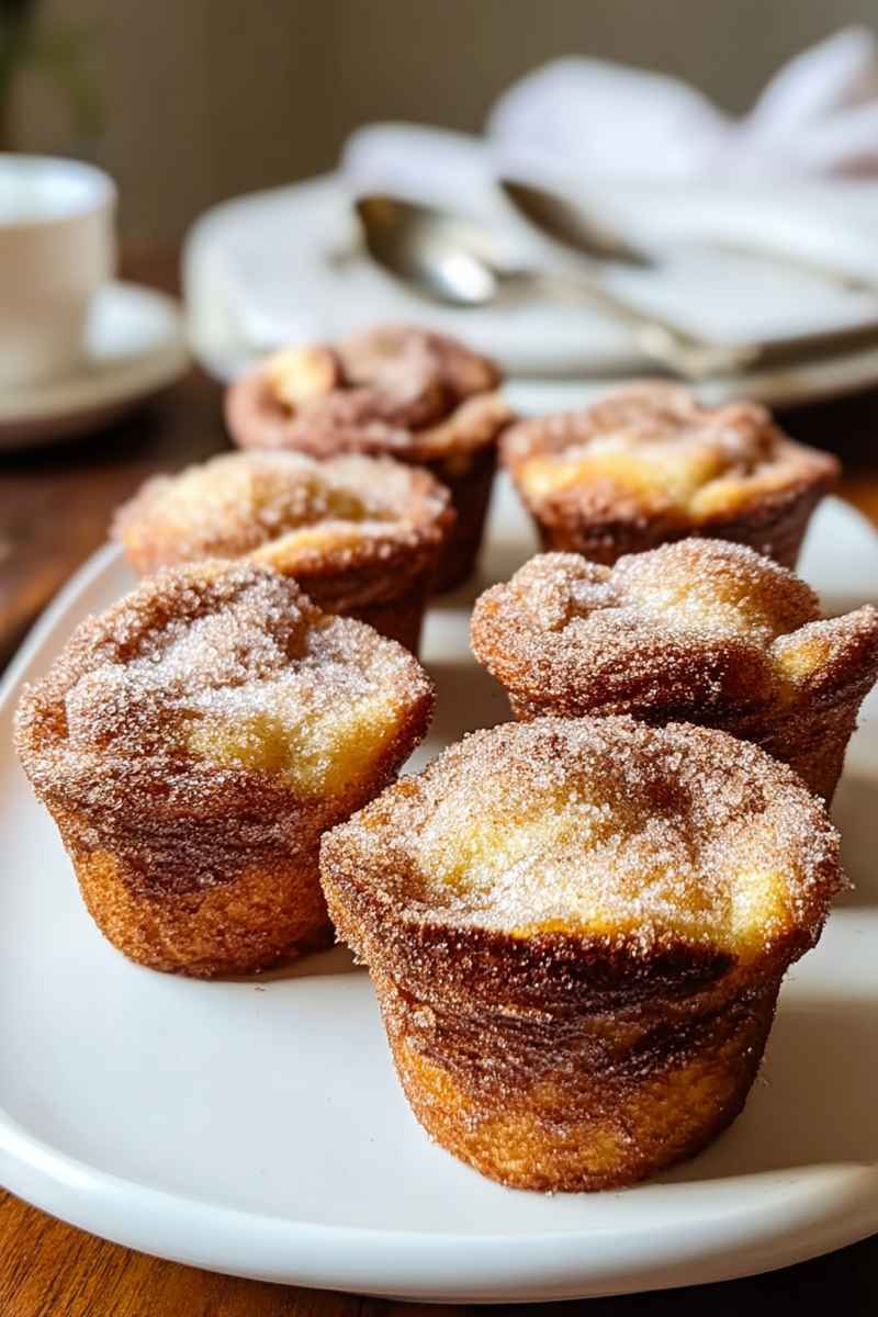 Cluster of golden French toast muffins with a cinnamon sugar coating, served on a white plate.