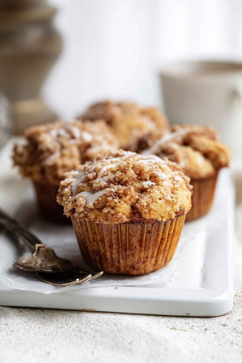 Golden-brown Coffee Cake Muffins topped with cinnamon sugar crumble and vanilla glaze, served on a white plate.