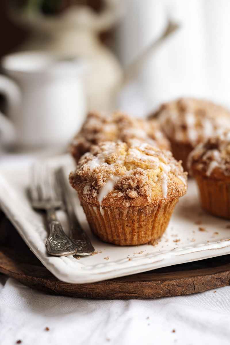 Golden Coffee Cake Muffins with cinnamon sugar swirl and crumb topping, served on a white plate with vintage forks.