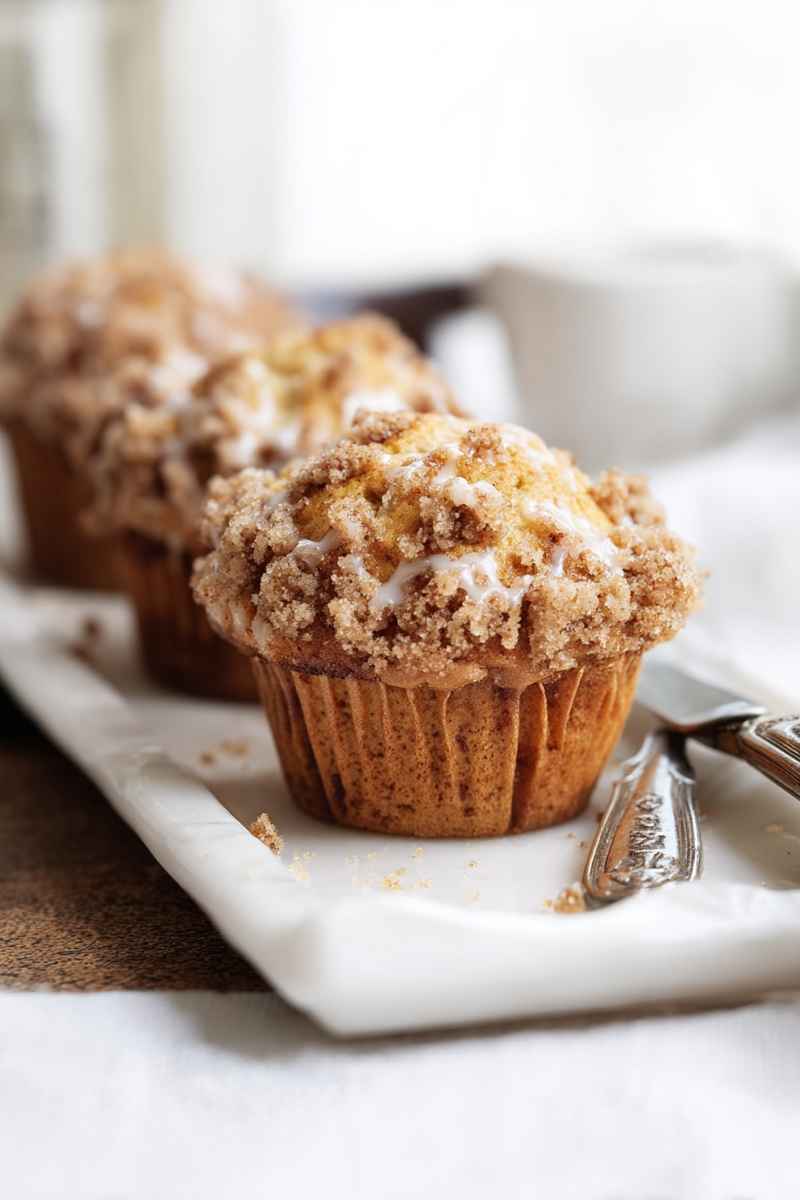 Delicious Coffee Cake Muffins with a cinnamon sugar swirl and crumb topping, drizzled with vanilla glaze.