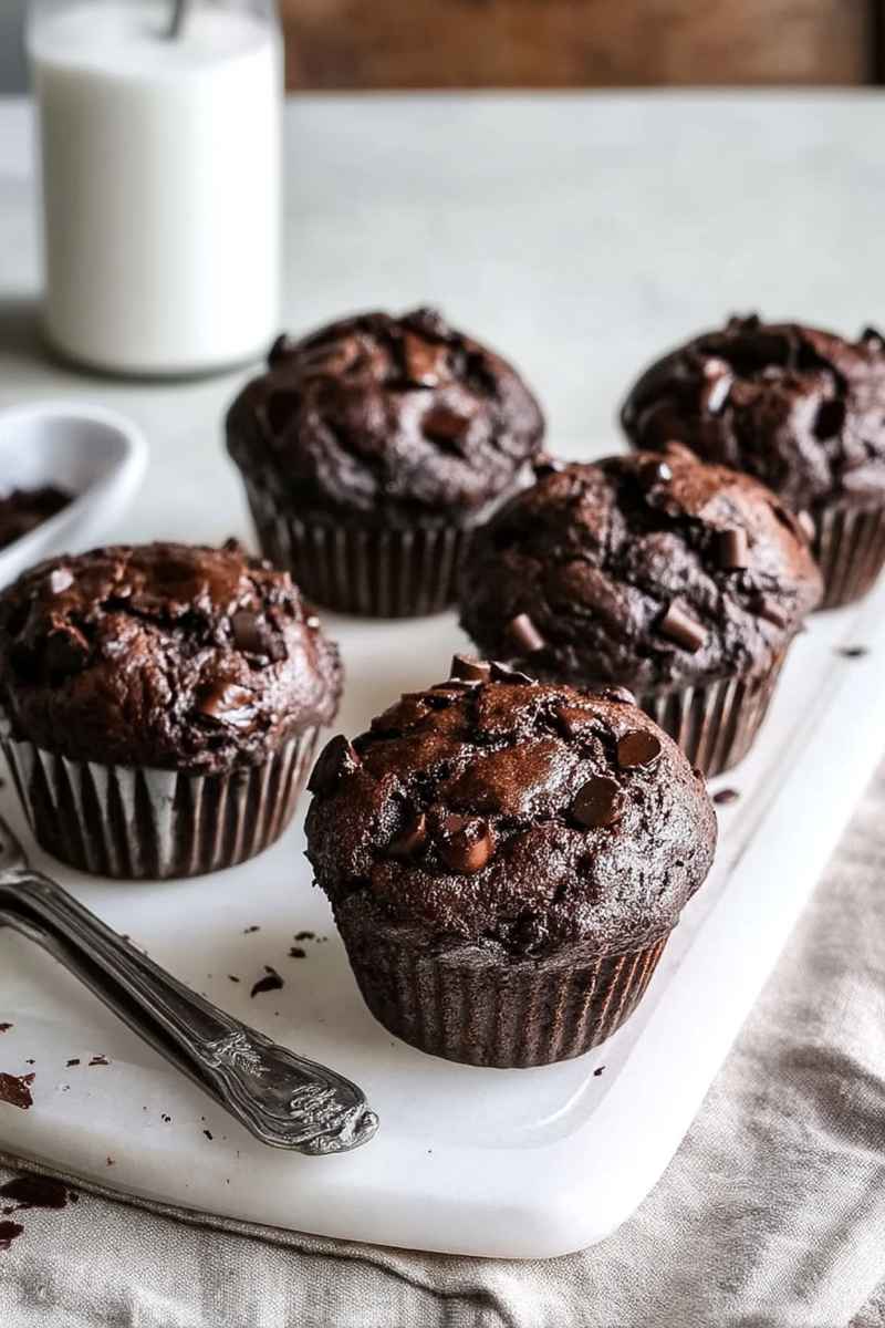 Dark, moist Double Chocolate Chip Muffins on a white plate, showcasing their dense texture and scattered chocolate chips.