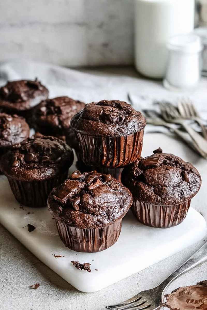 A stack of rich, dark Chocolate Muffins on a white plate, highlighting their dense, fudgy texture.