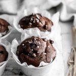 Dark chocolate muffins topped with chocolate chips and powdered sugar, served in white paper liners.