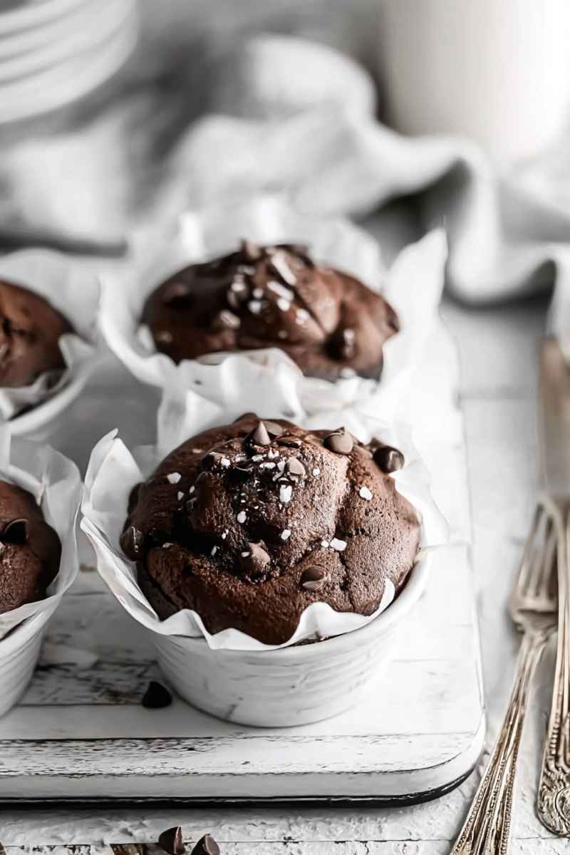 Dark chocolate muffins topped with chocolate chips and powdered sugar, served in white paper liners.
