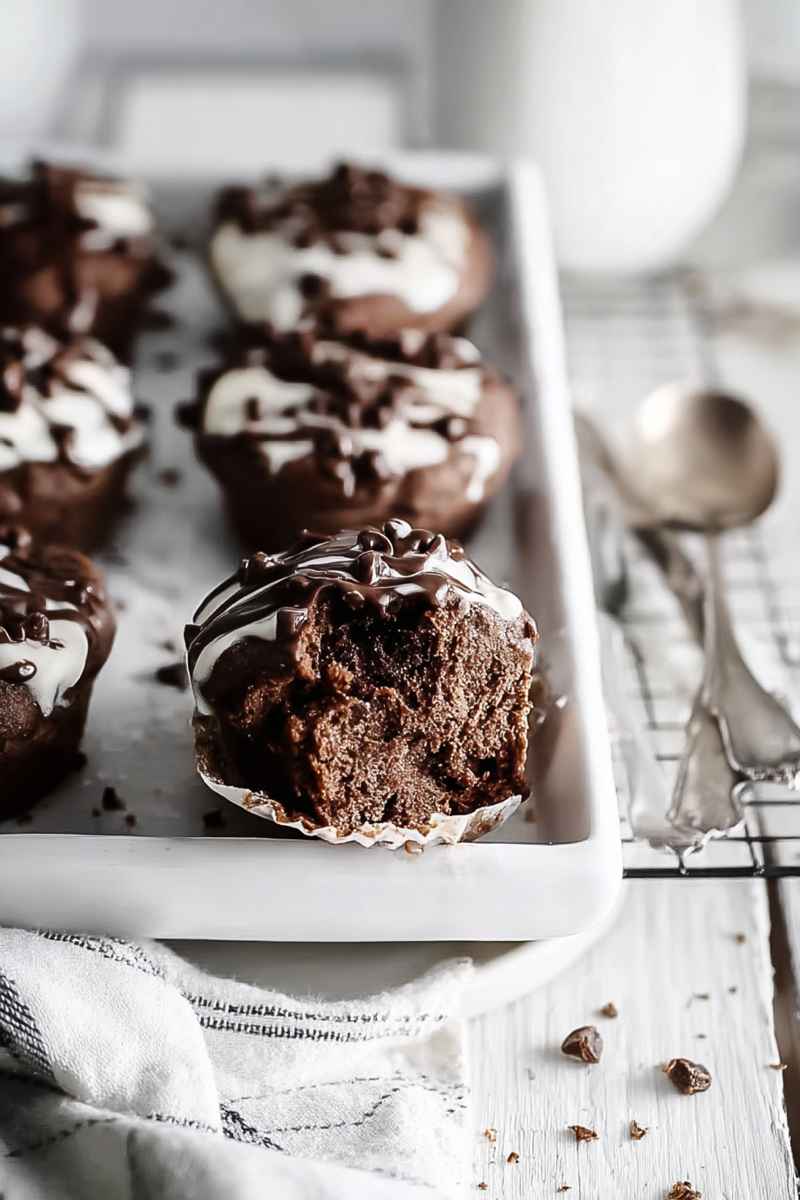 Partially eaten chocolate muffin with a drizzle of melted chocolate, showcasing its moist interior.