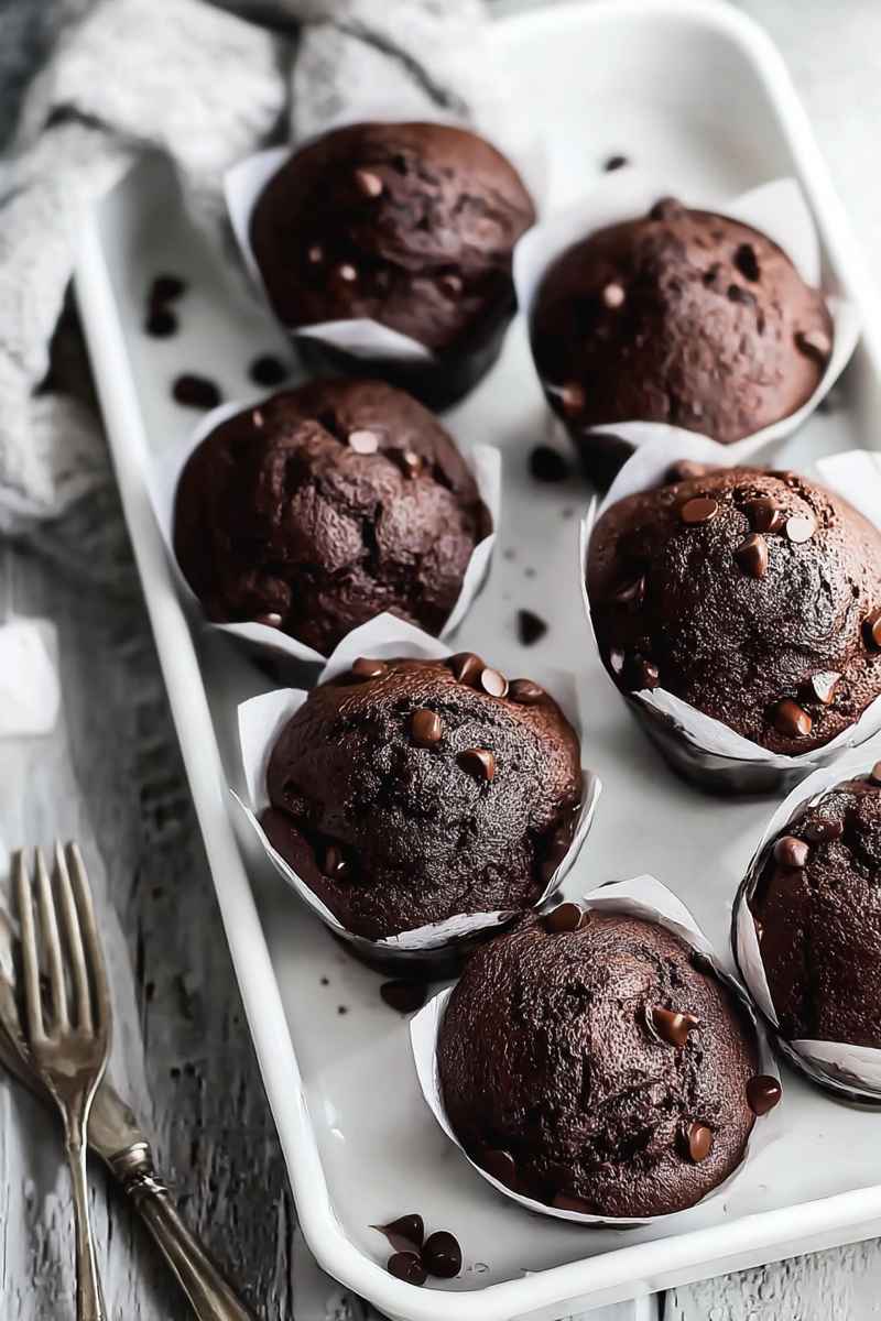 Tray of dark chocolate muffins topped with chocolate chips, served in white paper liners.