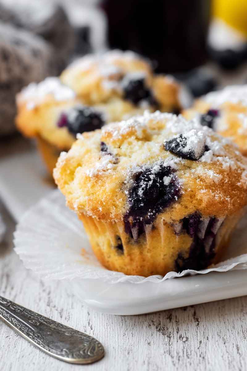 Cluster of golden lemon blueberry muffins with powdered sugar and fresh blueberries.