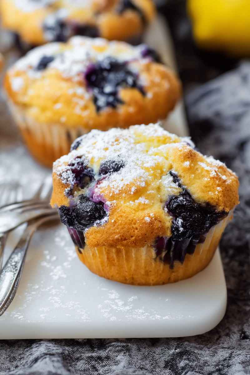 Golden lemon blueberry muffins with powdered sugar and fresh blueberries, served on a white plate.