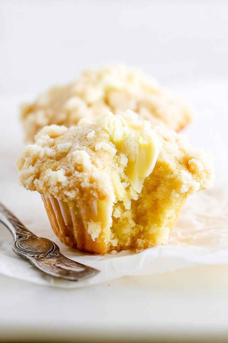 Partially eaten lemon muffin showing its soft, moist interior and streusel topping.