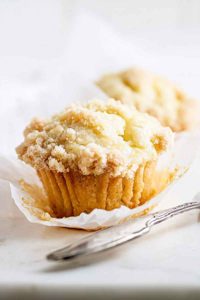 Golden lemon muffin topped with a thick layer of crumbly streusel.