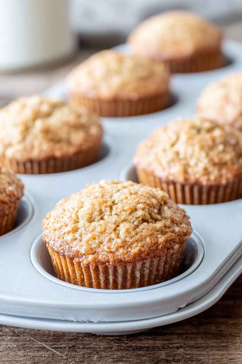 Golden oatmeal muffins in paper liners, showcasing their uniform shape and crumbly sugar topping.