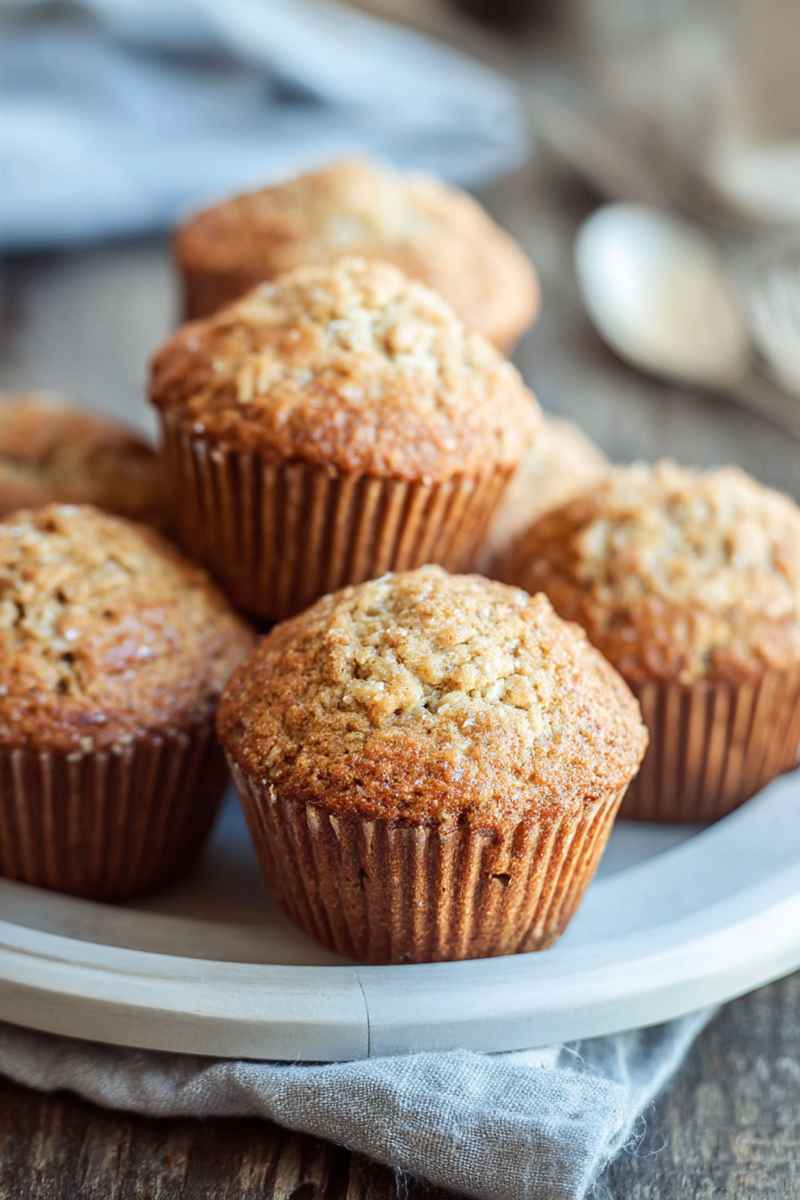 Cluster of golden oatmeal muffins with a crumbly sugar topping, arranged on a white plate.
