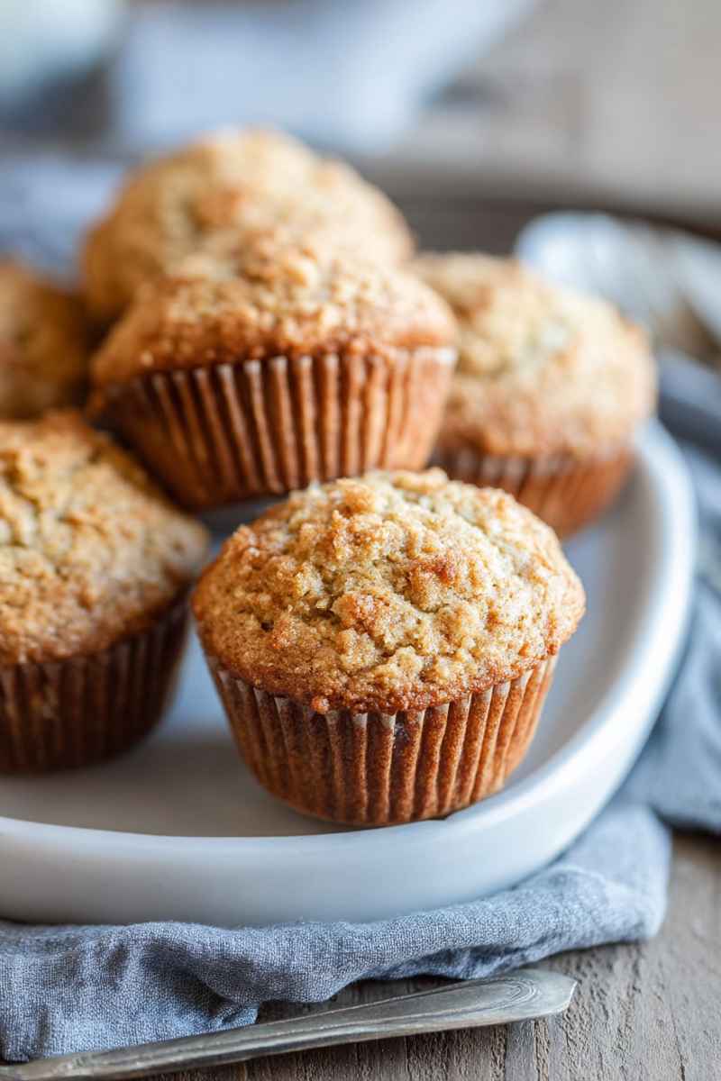 Golden-brown oatmeal muffins topped with a crumbly sugar coating, served on a white plate.