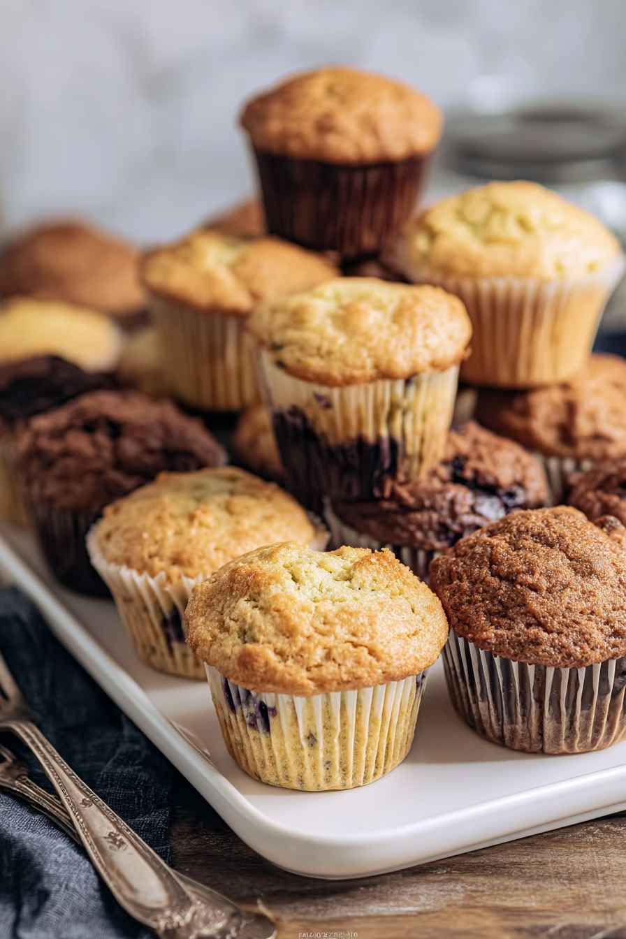 A variety of golden-brown muffins with blueberries, chocolate chips, and other mix-ins, arranged on a white tray.