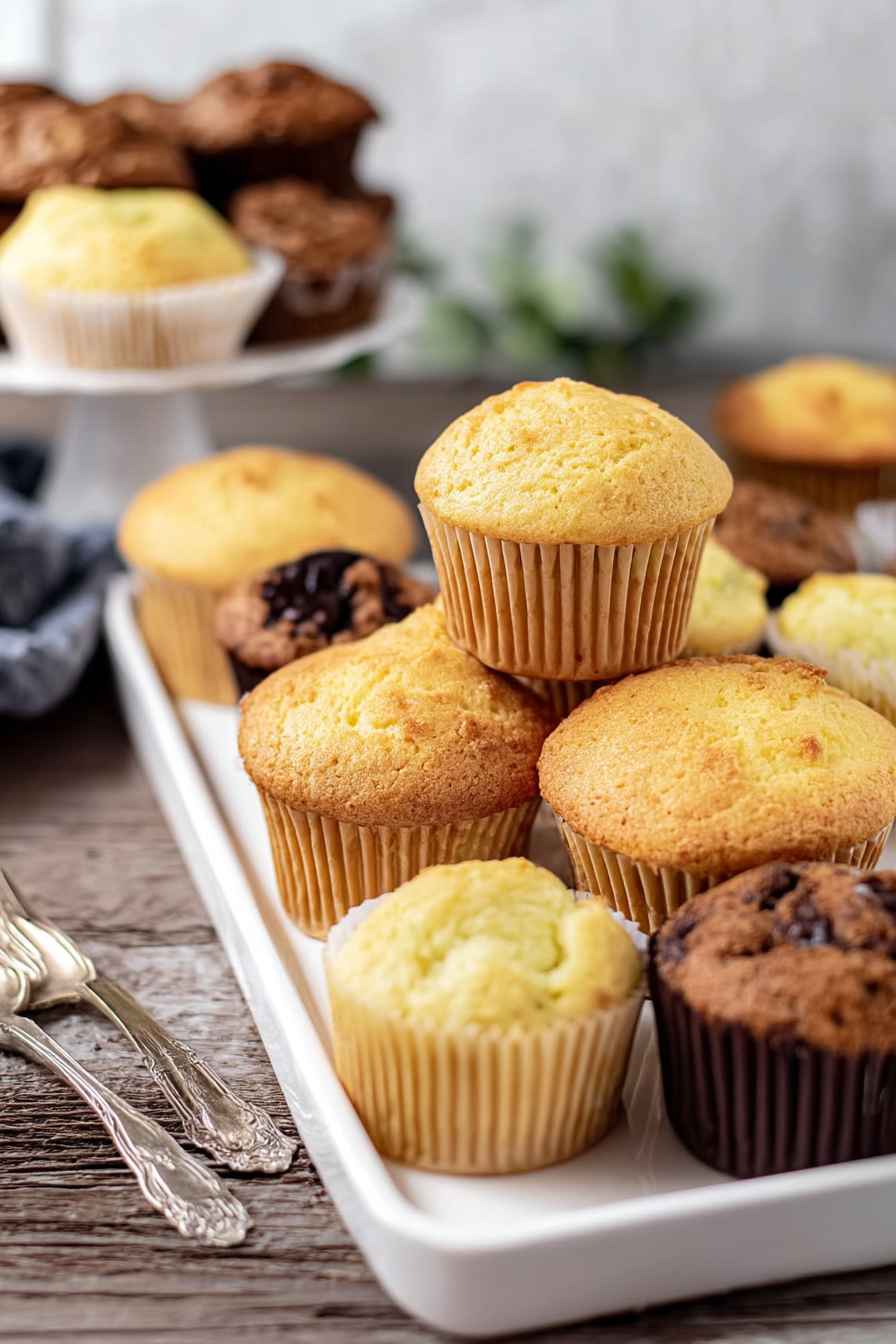 A tray of assorted muffins, including golden-brown plain and chocolate varieties, arranged on a white surface.