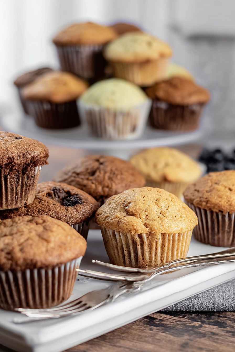 Assorted muffins with blueberries, chocolate chips, and other mix-ins, arranged on a white plate.